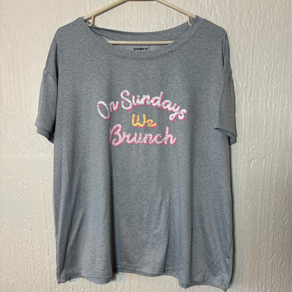 Gray Women's Jersey Top with Pink and Yellow Print Brunch Size Large